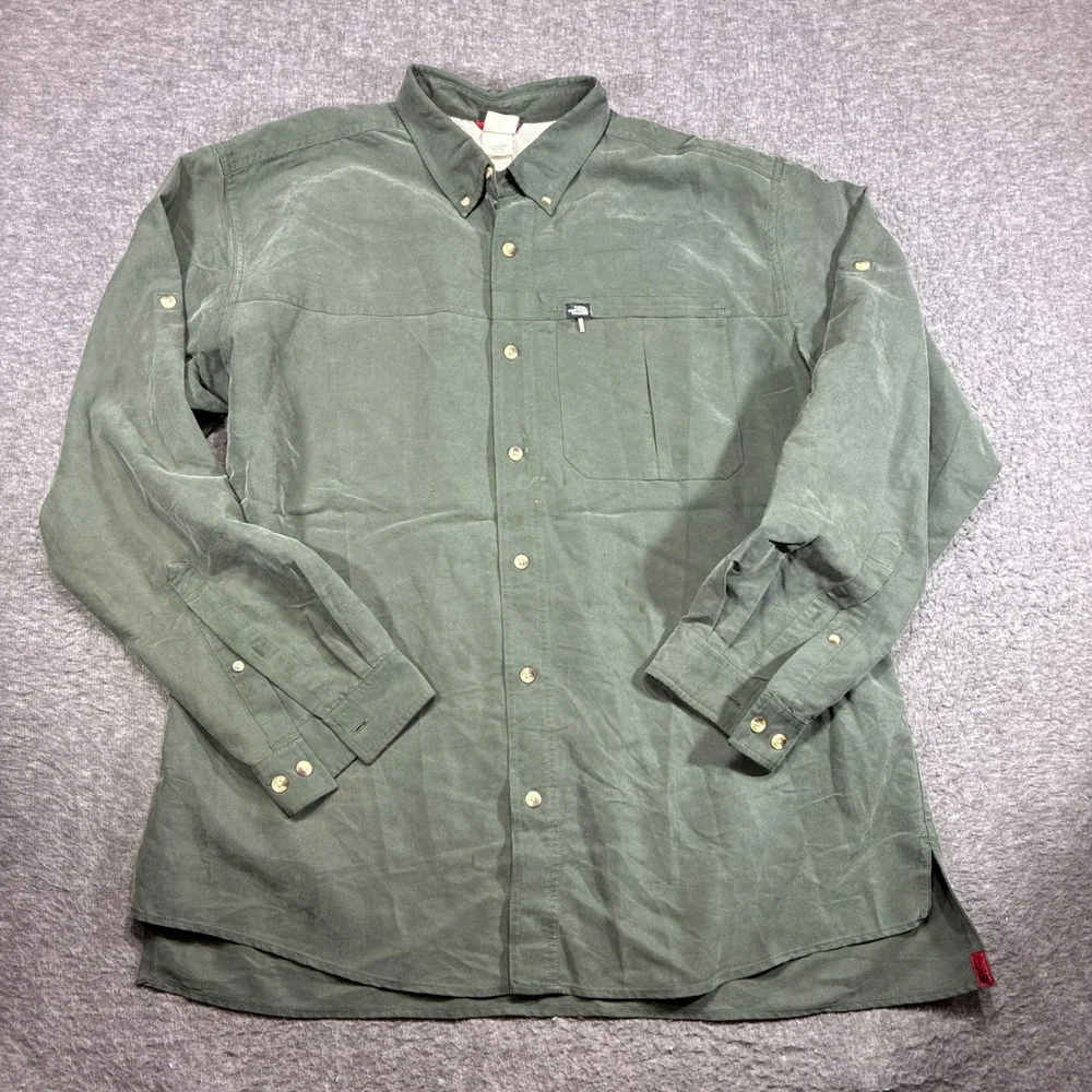 The North Face Button Down Work Travel Shirt Men XL Green Long Sleeve Distressed